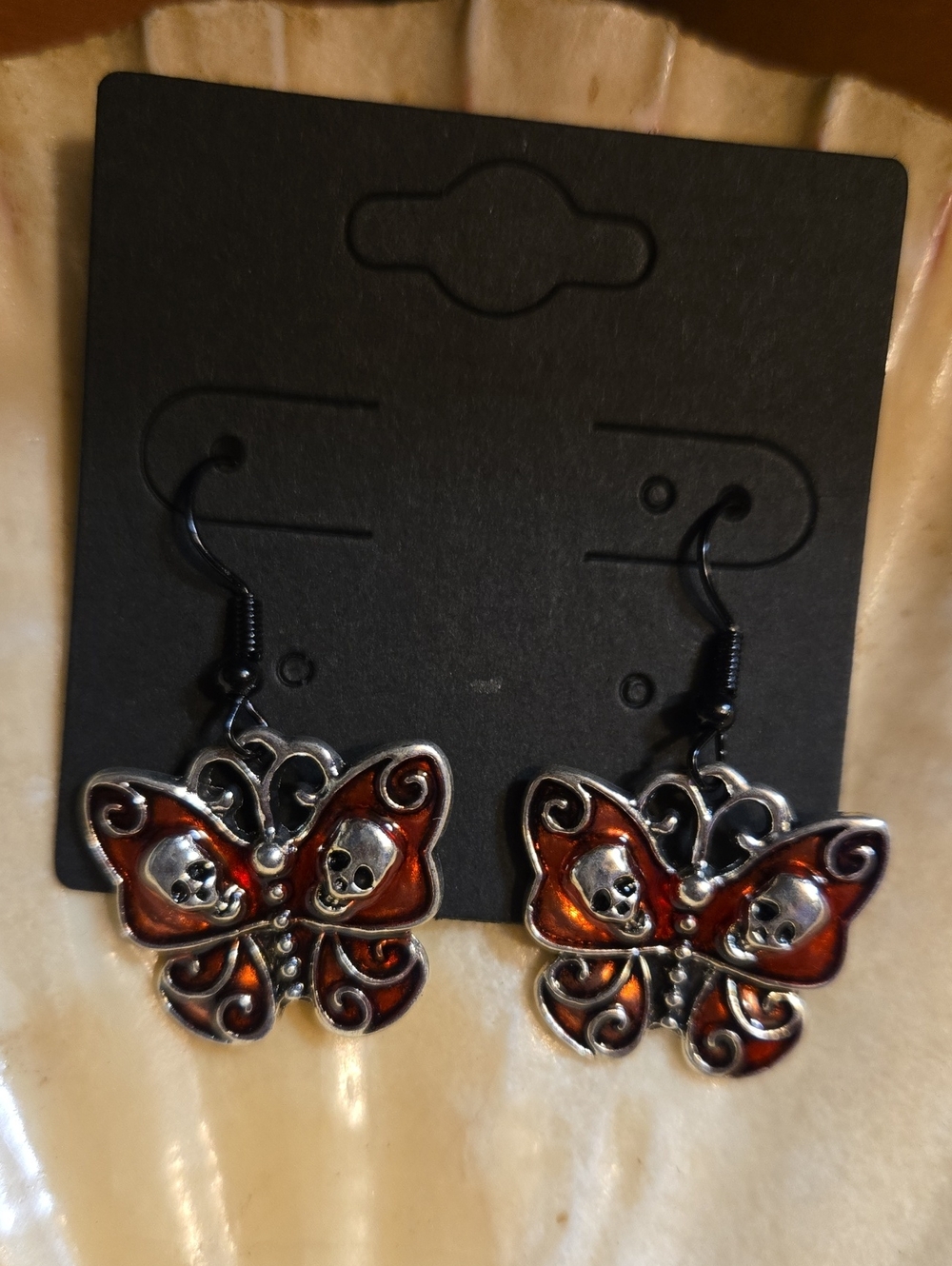 Butterfly Skull Dangle Earrings - Red and Silver